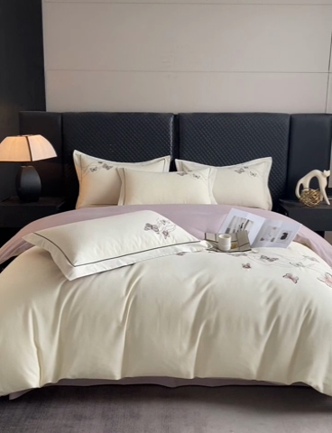 91家纺网 家纺一手货源 找家纺 涵宸家纺 2024新款全棉磨毛刺绣四件套--蝶影系列 蝶影-白