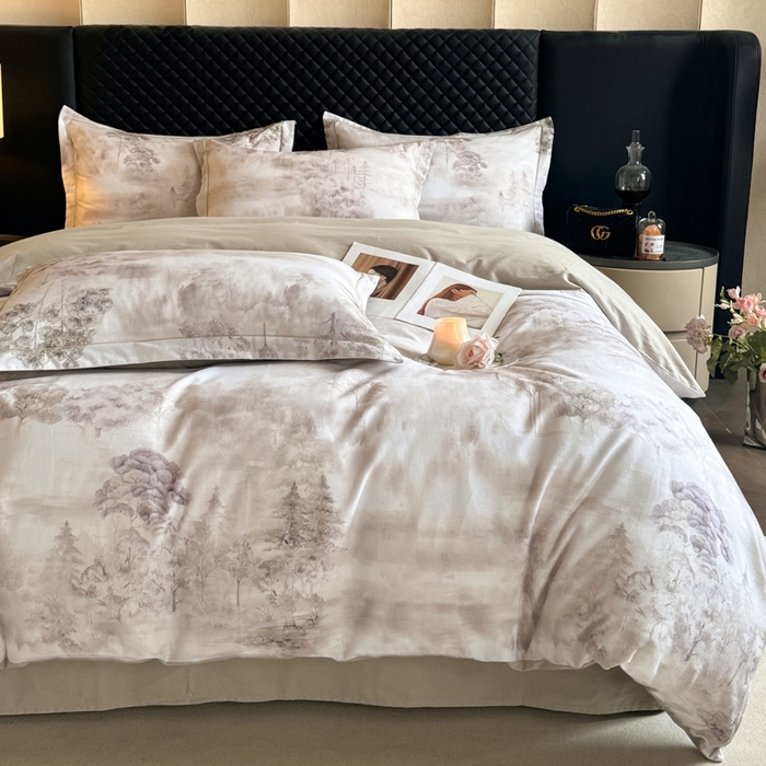 91家纺网 家纺一手货源 找家纺 涵宸家纺 2024新款全棉磨毛数码印花四件套 雨若轻烟-绿