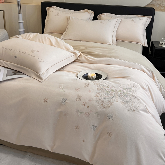 91家纺网 家纺一手货源 找家纺 涵宸家纺 2024新款全棉磨毛刺绣四件套--花蝴蝶系列 花蝴蝶-浅粉