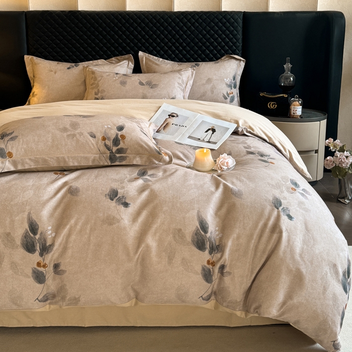 91家纺网 家纺一手货源 找家纺 涵宸家纺 2024新款全棉磨毛数码印花四件套 花宴景-咖