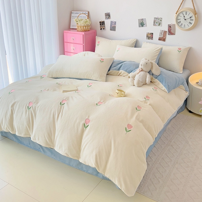 91家纺网 家纺一手货源 找家纺 海岛哥哥 2024新款小清新刺绣牛奶绒四件套 牛奶绒郁金香-天蓝