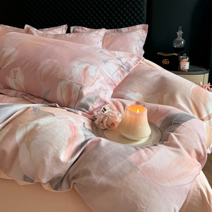 91家纺网 家纺一手货源 找家纺 涵宸家纺 2024新款全棉磨毛数码印花四件套 郁金香-粉