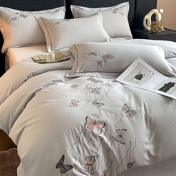 91家纺网 家纺一手货源 找家纺 涵宸家纺 2024新款全棉磨毛刺绣四件套--蝶影系列 蝶影-灰