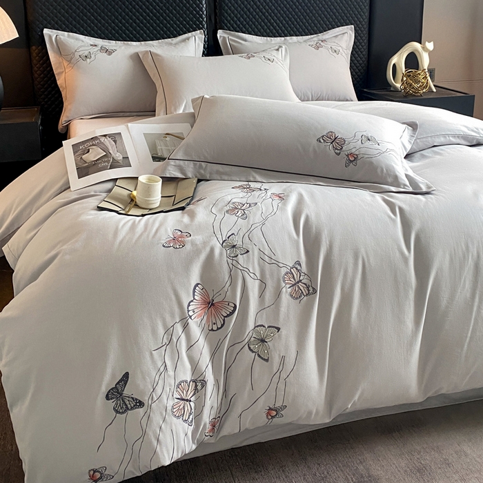 91家纺网 家纺一手货源 找家纺 涵宸家纺 2024新款全棉磨毛刺绣四件套--蝶影系列 蝶影-灰