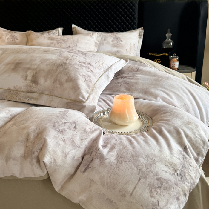 91家纺网 家纺一手货源 找家纺 涵宸家纺 2024新款全棉磨毛数码印花四件套 雨若轻烟-绿