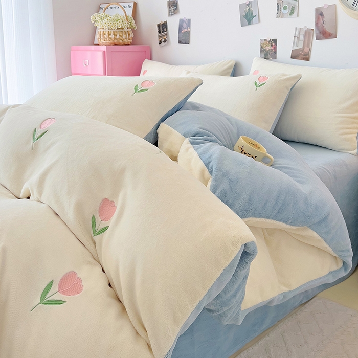 91家纺网 家纺一手货源 找家纺 海岛哥哥 2024新款小清新刺绣牛奶绒四件套 牛奶绒郁金香-天蓝