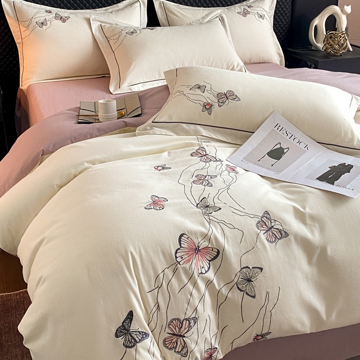 91家纺网 家纺一手货源 找家纺 涵宸家纺 2024新款全棉磨毛刺绣四件套--蝶影系列 蝶影-白