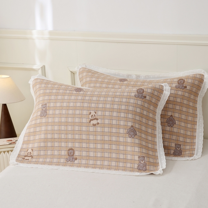 91家纺网 家纺一手货源 找家纺 朴尔家纺-毛巾被 2024新款韩版小碎花边全棉四层纱布枕巾 动物格-咖