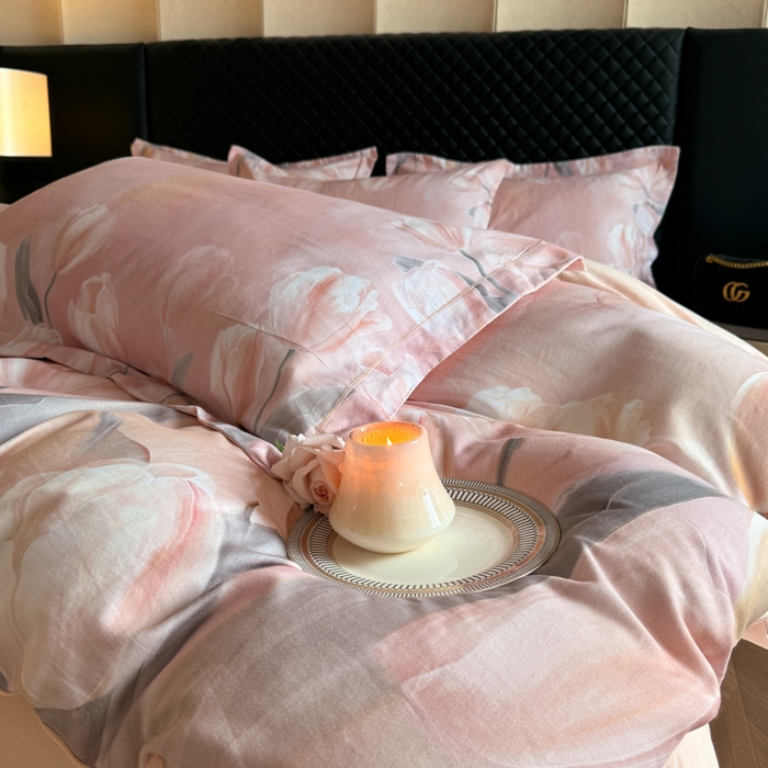 91家纺网 家纺一手货源 找家纺 涵宸家纺 2024新款全棉磨毛数码印花四件套 郁金香-粉