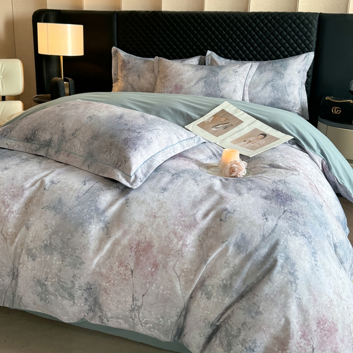 91家纺网 家纺一手货源 找家纺 涵宸家纺 2024新款全棉磨毛数码印花四件套 水墨青花-灰