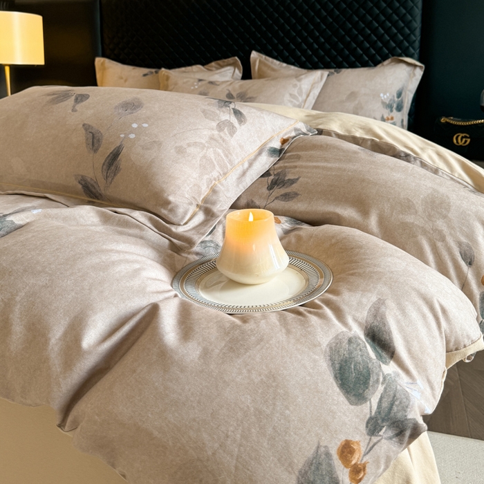 91家纺网 家纺一手货源 找家纺 涵宸家纺 2024新款全棉磨毛数码印花四件套 花宴景-咖