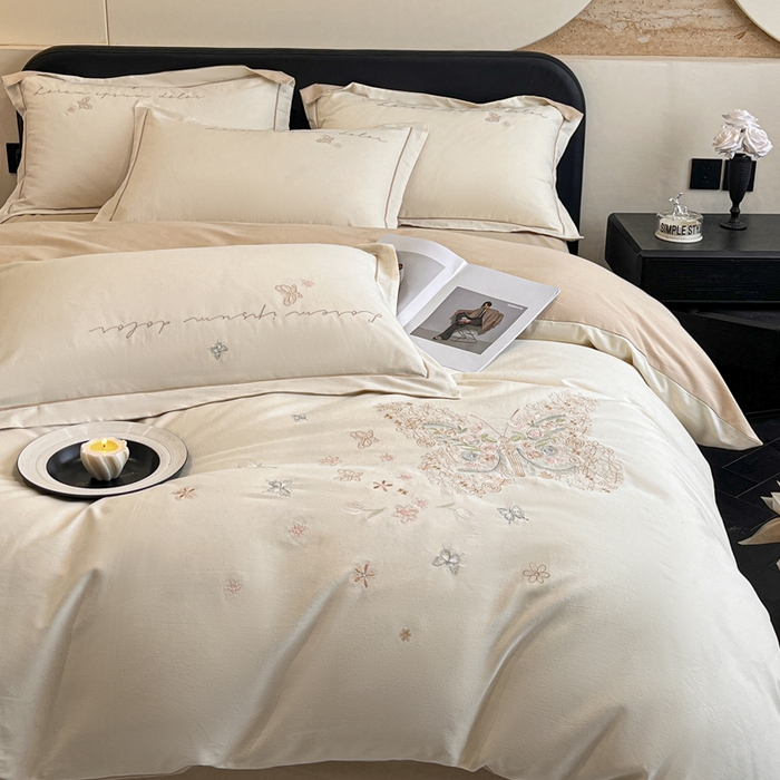 91家纺网 家纺一手货源 找家纺 涵宸家纺 2024新款全棉磨毛刺绣四件套--花蝴蝶系列 花蝴蝶-奶白