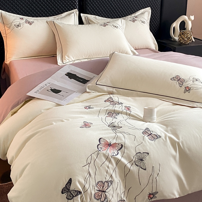 91家纺网 家纺一手货源 找家纺 涵宸家纺 2024新款全棉磨毛刺绣四件套--蝶影系列 蝶影-白