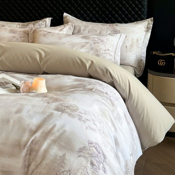 91家纺网 家纺一手货源 找家纺 涵宸家纺 2024新款全棉磨毛数码印花四件套 雨若轻烟-绿