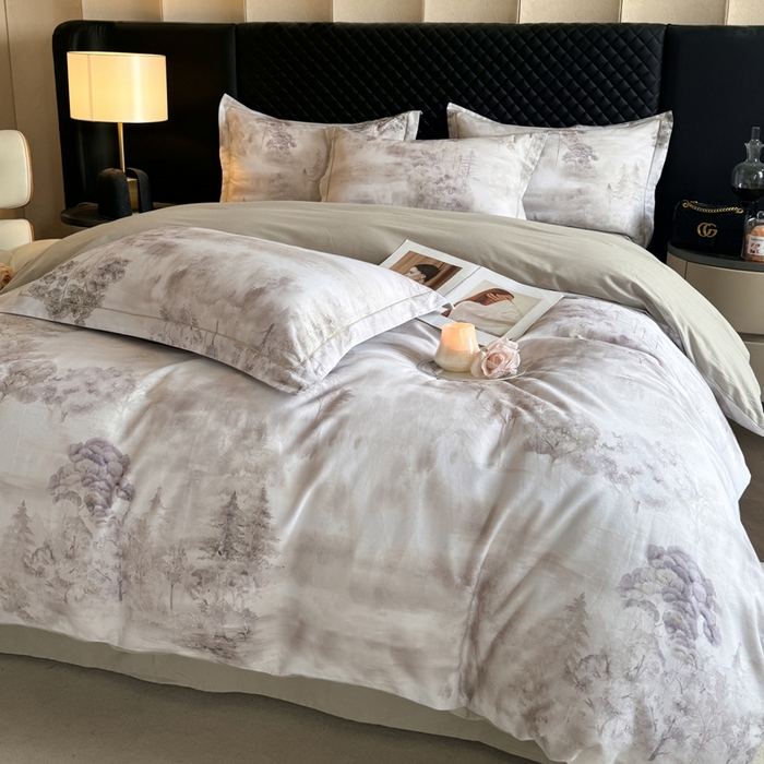 91家纺网 家纺一手货源 找家纺 涵宸家纺 2024新款全棉磨毛数码印花四件套 雨若轻烟-绿