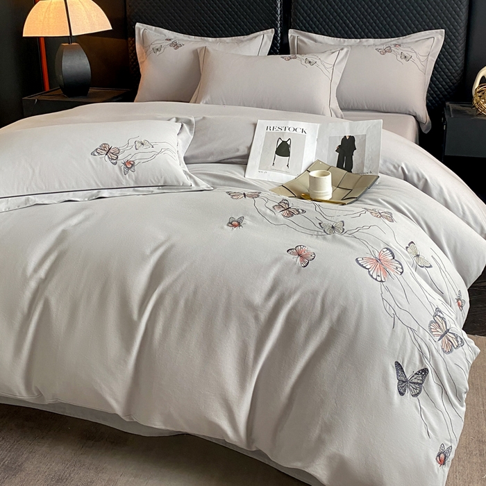 91家纺网 家纺一手货源 找家纺 涵宸家纺 2024新款全棉磨毛刺绣四件套--蝶影系列 蝶影-灰