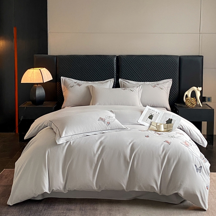 91家纺网 家纺一手货源 找家纺 涵宸家纺 2024新款全棉磨毛刺绣四件套--蝶影系列 蝶影-灰