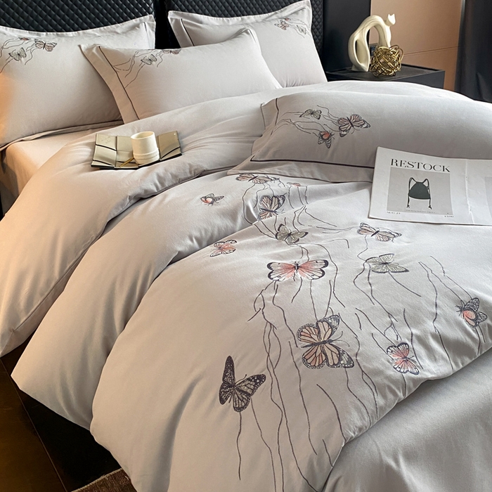 91家纺网 家纺一手货源 找家纺 涵宸家纺 2024新款全棉磨毛刺绣四件套--蝶影系列 蝶影-灰