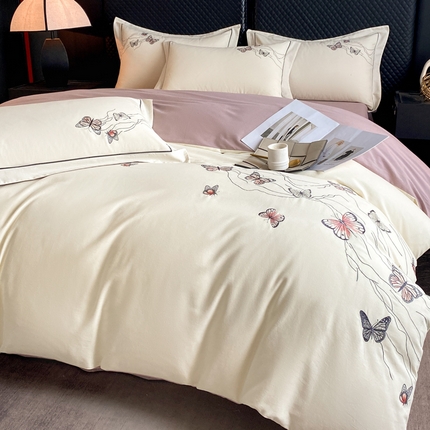 91家纺网 家纺一手货源 找家纺 涵宸家纺 2024新款全棉磨毛刺绣四件套--蝶影系列 蝶影-白