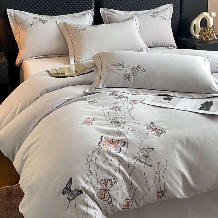 91家纺网 家纺一手货源 找家纺 涵宸家纺 2024新款全棉磨毛刺绣四件套--蝶影系列 蝶影-灰