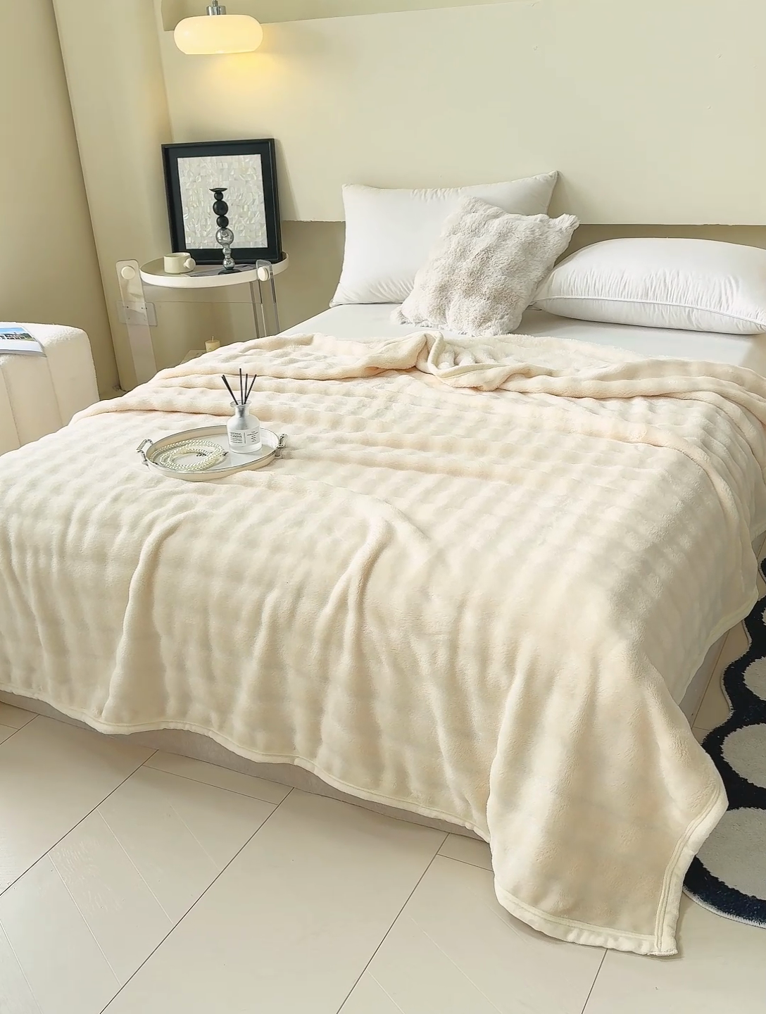 91家纺网 家纺一手货源 找家纺 凡客 2024新款全工艺加厚仿獭兔毛牛奶绒泡泡毛毯 泡泡毯-白色