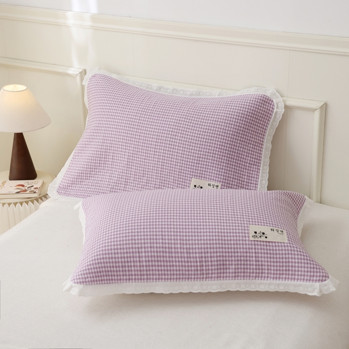 91家纺网 家纺一手货源 找家纺 朴尔家纺-毛巾被 2024新款韩版小碎花边全棉四层纱布枕巾 韩式小格-紫
