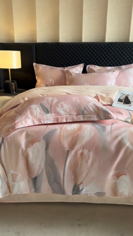 91家纺网 家纺一手货源 找家纺 涵宸家纺 2024新款全棉磨毛数码印花四件套 郁金香-粉