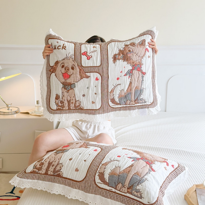 91家纺网 家纺一手货源 找家纺 朴尔家纺-毛巾被 2024新款韩版花边卡通水洗起皱纯棉六层纱布枕巾 摩卡狗狗