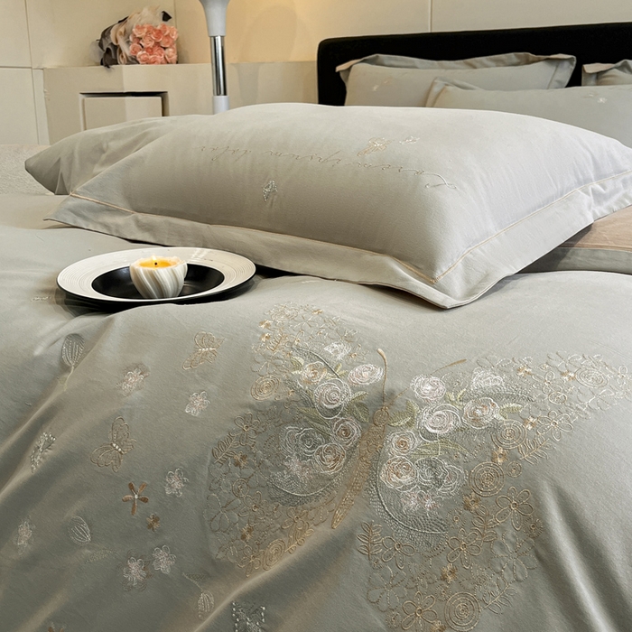 91家纺网 家纺一手货源 找家纺 涵宸家纺 2024新款全棉磨毛刺绣四件套--花蝴蝶系列 花蝴蝶-灰