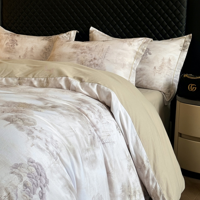 91家纺网 家纺一手货源 找家纺 涵宸家纺 2024新款全棉磨毛数码印花四件套 雨若轻烟-绿