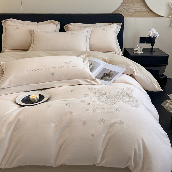 91家纺网 家纺一手货源 找家纺 涵宸家纺 2024新款全棉磨毛刺绣四件套--花蝴蝶系列 花蝴蝶-浅粉