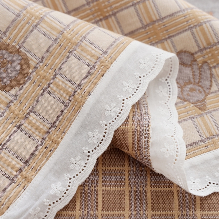 91家纺网 家纺一手货源 找家纺 朴尔家纺-毛巾被 2024新款韩版小碎花边全棉四层纱布枕巾 动物格-咖