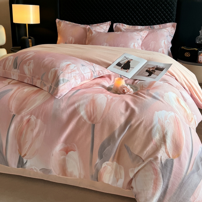 91家纺网 家纺一手货源 找家纺 涵宸家纺 2024新款全棉磨毛数码印花四件套 郁金香-粉