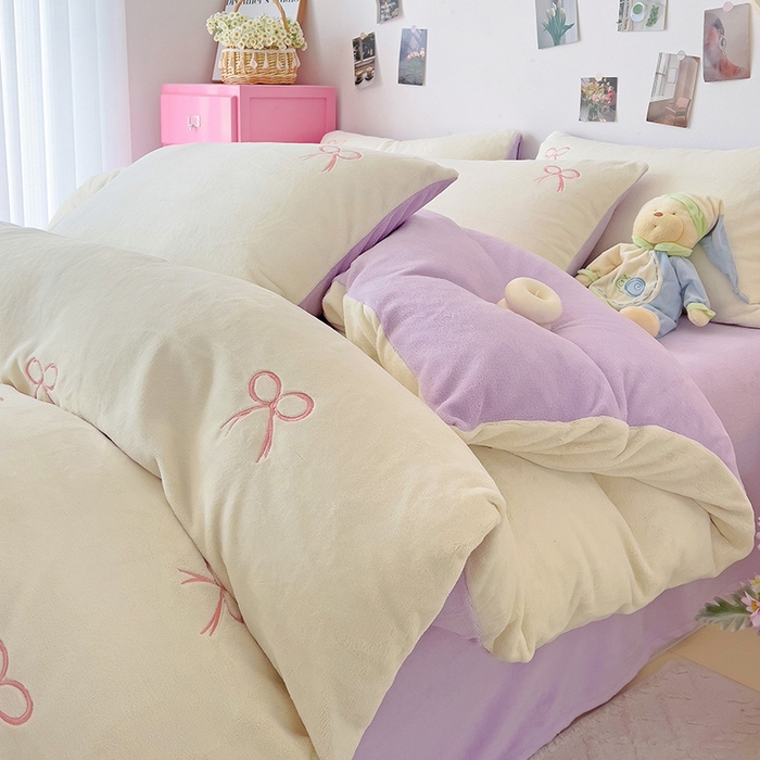 91家纺网 家纺一手货源 找家纺 海岛哥哥 2024新款小清新刺绣牛奶绒四件套 牛奶绒蝴蝶结-香芋紫