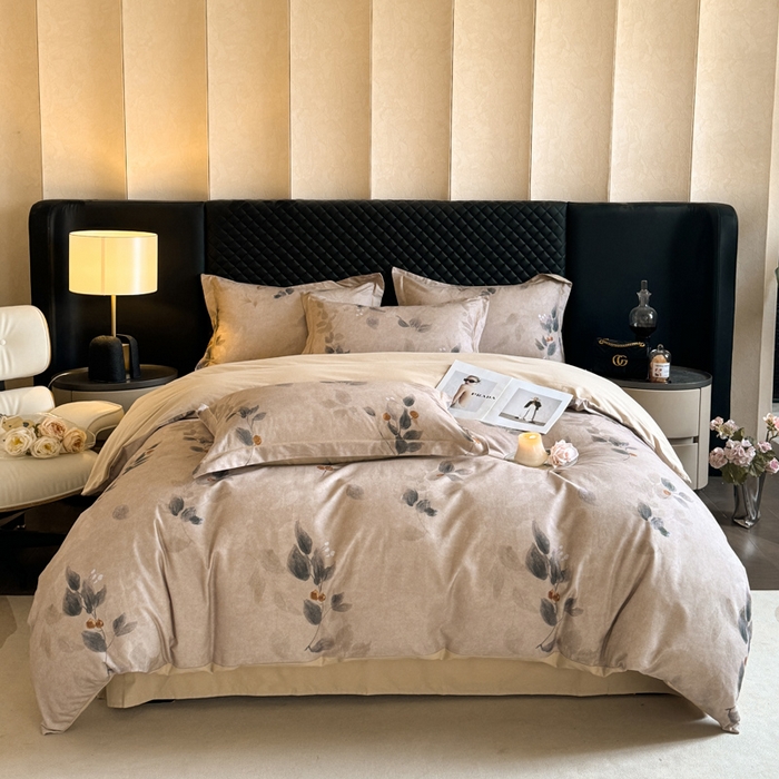 91家纺网 家纺一手货源 找家纺 涵宸家纺 2024新款全棉磨毛数码印花四件套 花宴景-咖