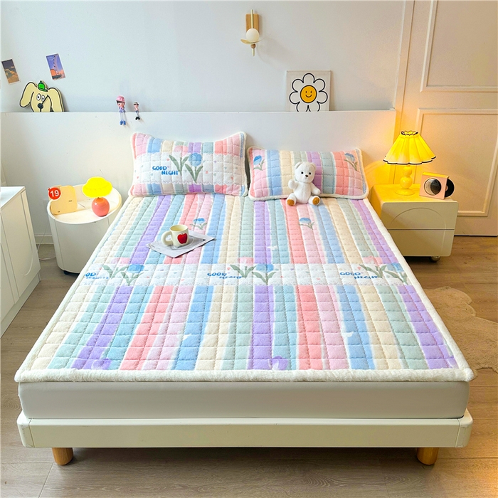 91家纺网 家纺一手货源 找家纺 喜居 2024新款印花牛奶绒床褥垫加厚宝宝绒床褥子床垫薄床垫 缤纷彩虹