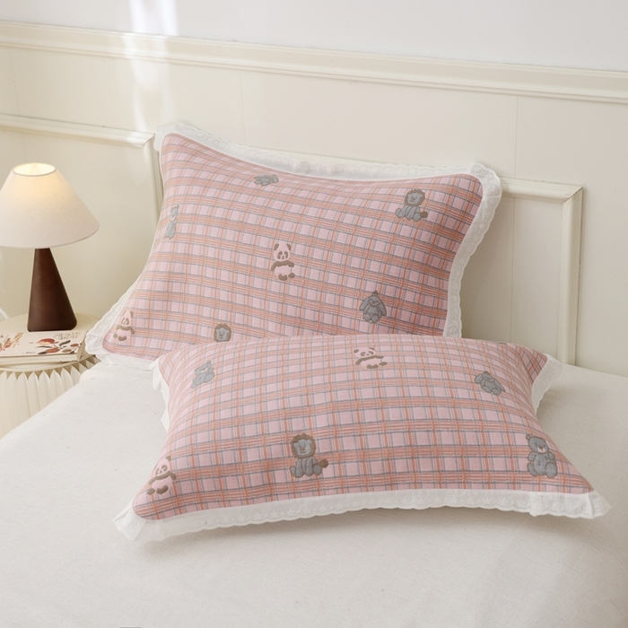 91家纺网 家纺一手货源 找家纺 朴尔家纺-毛巾被 2024新款韩版小碎花边全棉四层纱布枕巾 动物格-粉