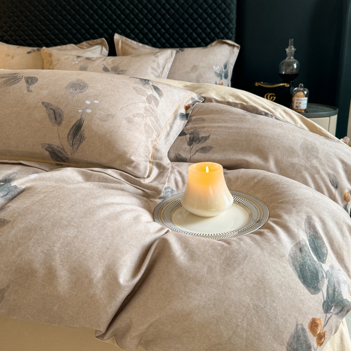 91家纺网 家纺一手货源 找家纺 涵宸家纺 2024新款全棉磨毛数码印花四件套 花宴景-咖