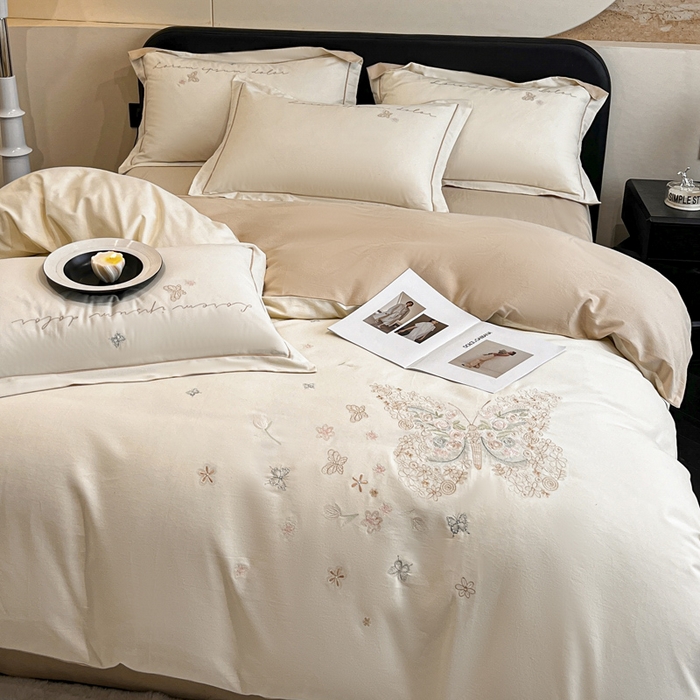 91家纺网 家纺一手货源 找家纺 涵宸家纺 2024新款全棉磨毛刺绣四件套--花蝴蝶系列 花蝴蝶-奶白