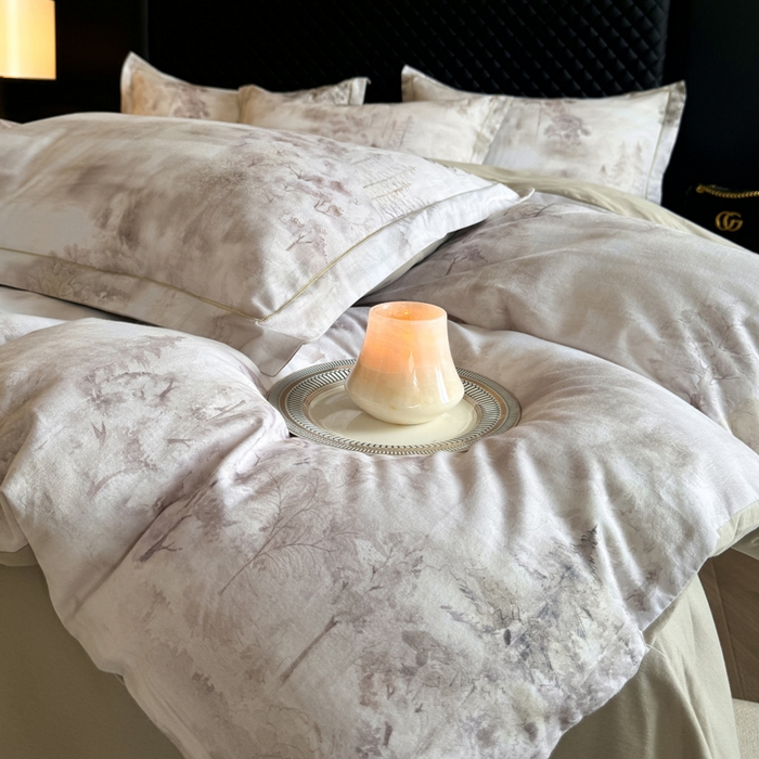 91家纺网 家纺一手货源 找家纺 涵宸家纺 2024新款全棉磨毛数码印花四件套 雨若轻烟-绿