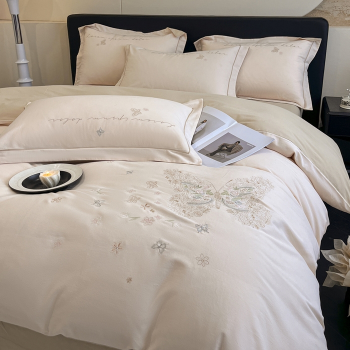 91家纺网 家纺一手货源 找家纺 涵宸家纺 2024新款全棉磨毛刺绣四件套--花蝴蝶系列 花蝴蝶-浅粉