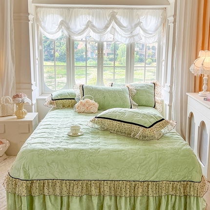 网红馆（ck家纺） 2025新款牛奶绒花边床盖三件套-诺蔓 诺蔓-果绿