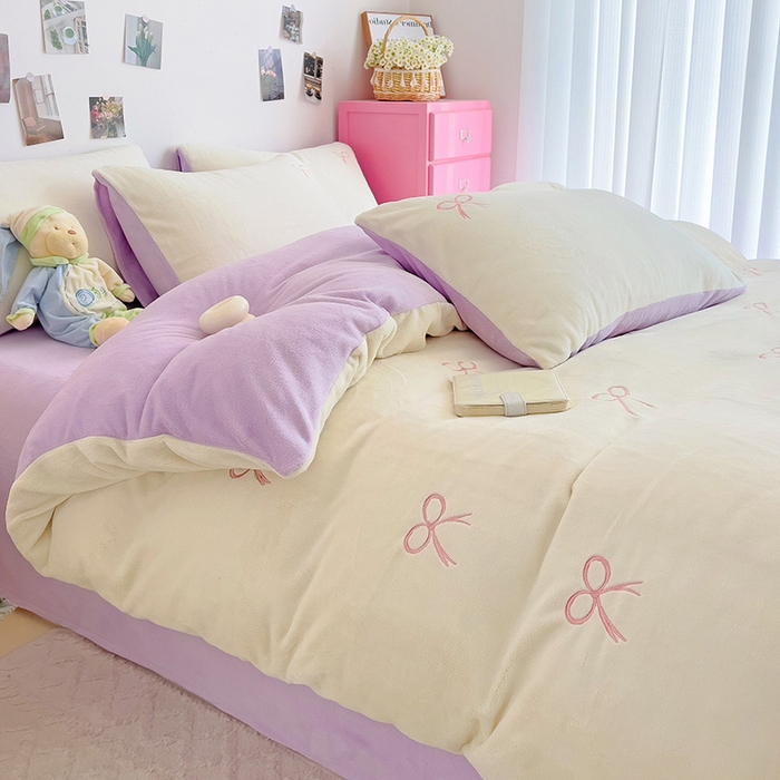 91家纺网 家纺一手货源 找家纺 海岛哥哥 2024新款小清新刺绣牛奶绒四件套 牛奶绒蝴蝶结-香芋紫