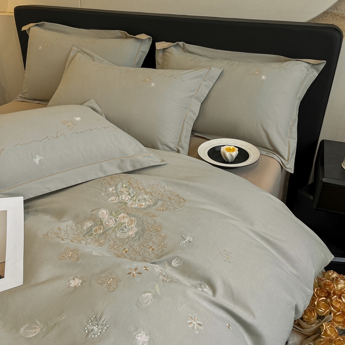 91家纺网 家纺一手货源 找家纺 涵宸家纺 2024新款全棉磨毛刺绣四件套--花蝴蝶系列 花蝴蝶-灰