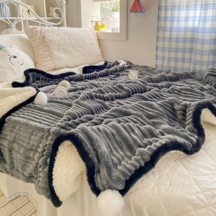 91家纺网 家纺一手货源 找家纺 潮邦 2025秋冬子母抽条羊羔绒球毯 子母抽条球毯-深灰