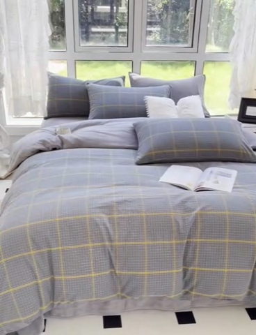 91家纺网 家纺一手货源 找家纺 2024最新无印良品风双拼全棉色织水洗棉加牛奶绒四件套简约全棉拼牛奶绒 棉+绒-瓦尔灰