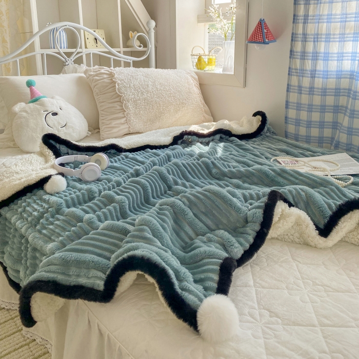 91家纺网 家纺一手货源 找家纺 潮邦 2025秋冬子母抽条羊羔绒球毯 子母抽条球毯-蓝色