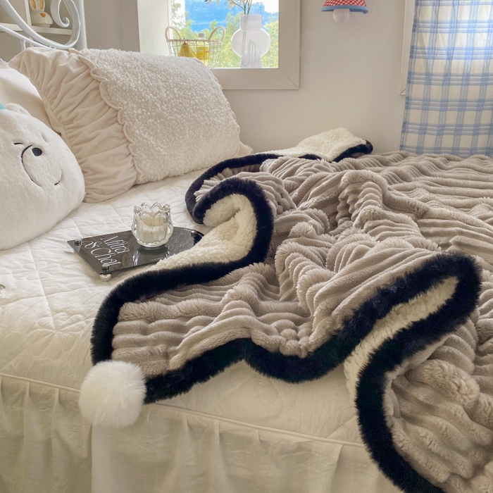 91家纺网 家纺一手货源 找家纺 潮邦 2025秋冬子母抽条羊羔绒球毯 子母抽条球毯-灰色