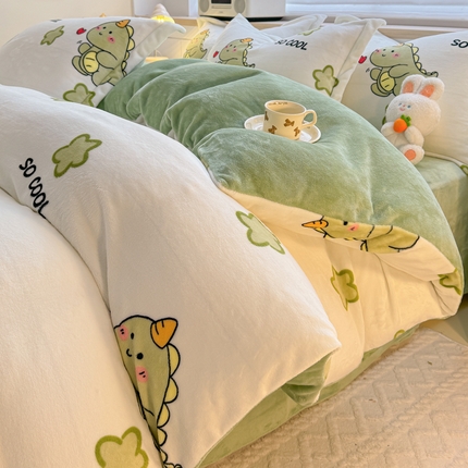 妖妖家纺 2024新款高克重200克印花牛奶绒四件套 酷酷恐龙