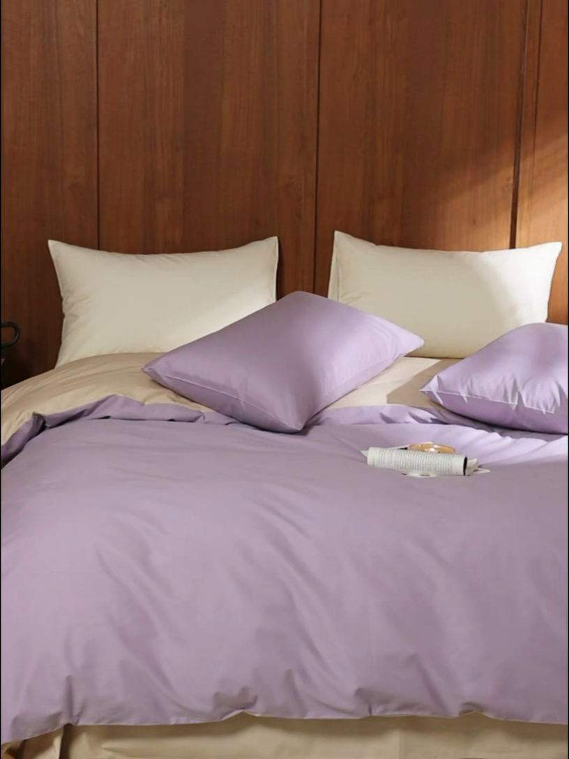 91家纺网 家纺一手货源 找家纺 久典家居 2024新款100支长绒棉磨毛纯色双拼四件套 佩斯利紫双拼